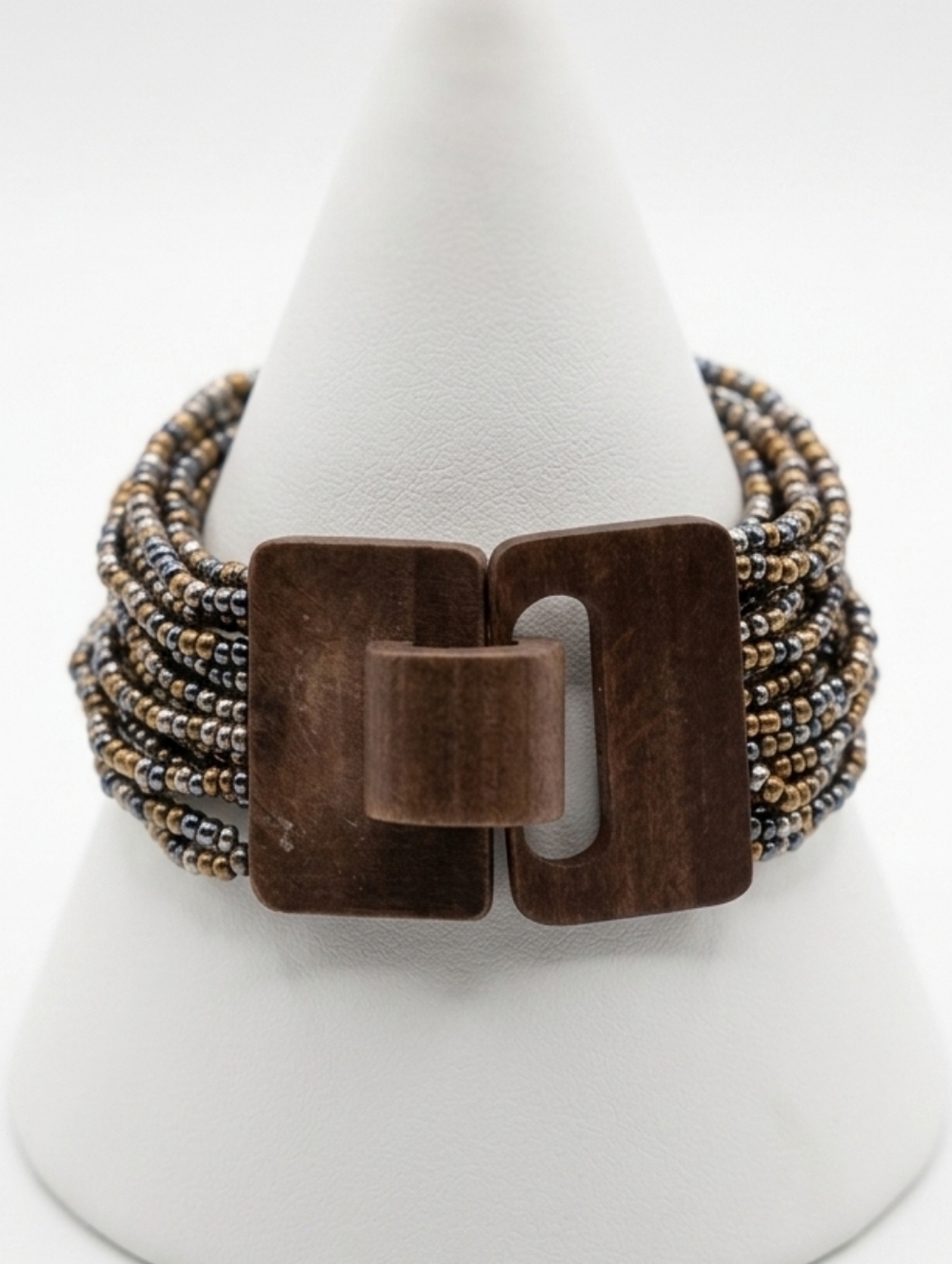 Boho Multi-Strand Seed Bead Cuff with Carved Wood Interlocking Clasp Metalic NWT